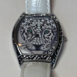 Adrienne Couture Limited Edition Tiger Face Crystal Watch | White Leather Band